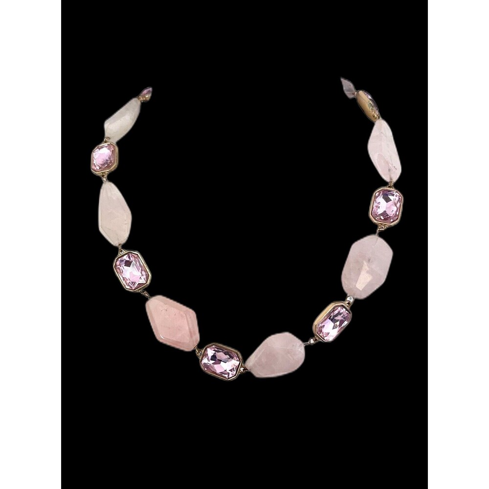 New Rose Quartz Necklace Pink Crystals “Love” Inscribed Gold Tone - 12C